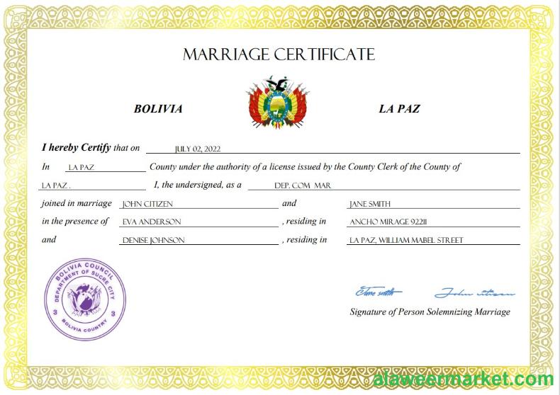 Bolivia marriage certificate Word and PDF template